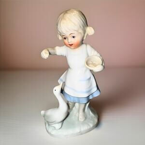 Vintage Porcelain Girl with Goose Figurine Made in Taiwan Cottagecore Decor 1980